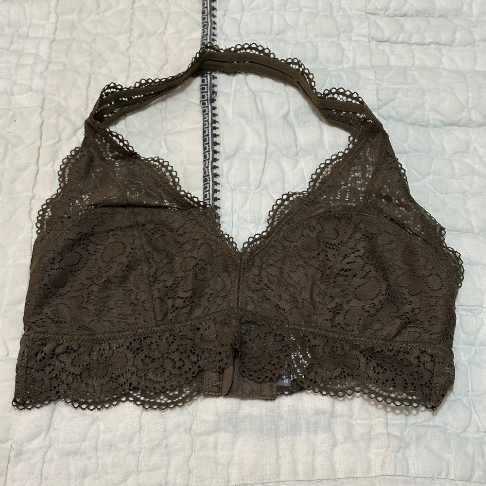 Aerie Halter Bralette Brown Lace Scalloped Medium